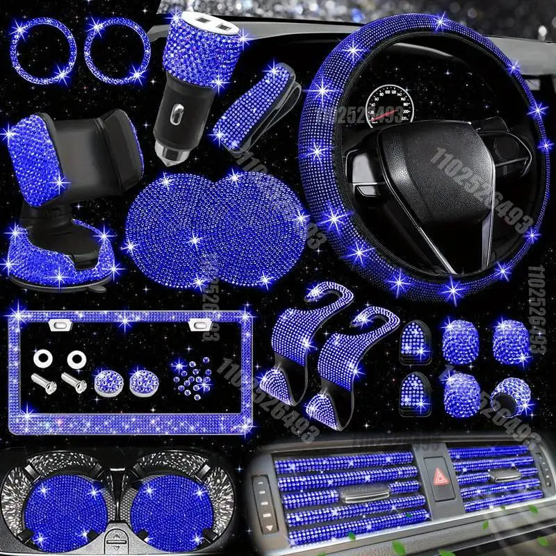 27-Piece Bling Car Accessories Set – Steering Cover, License Frame & More