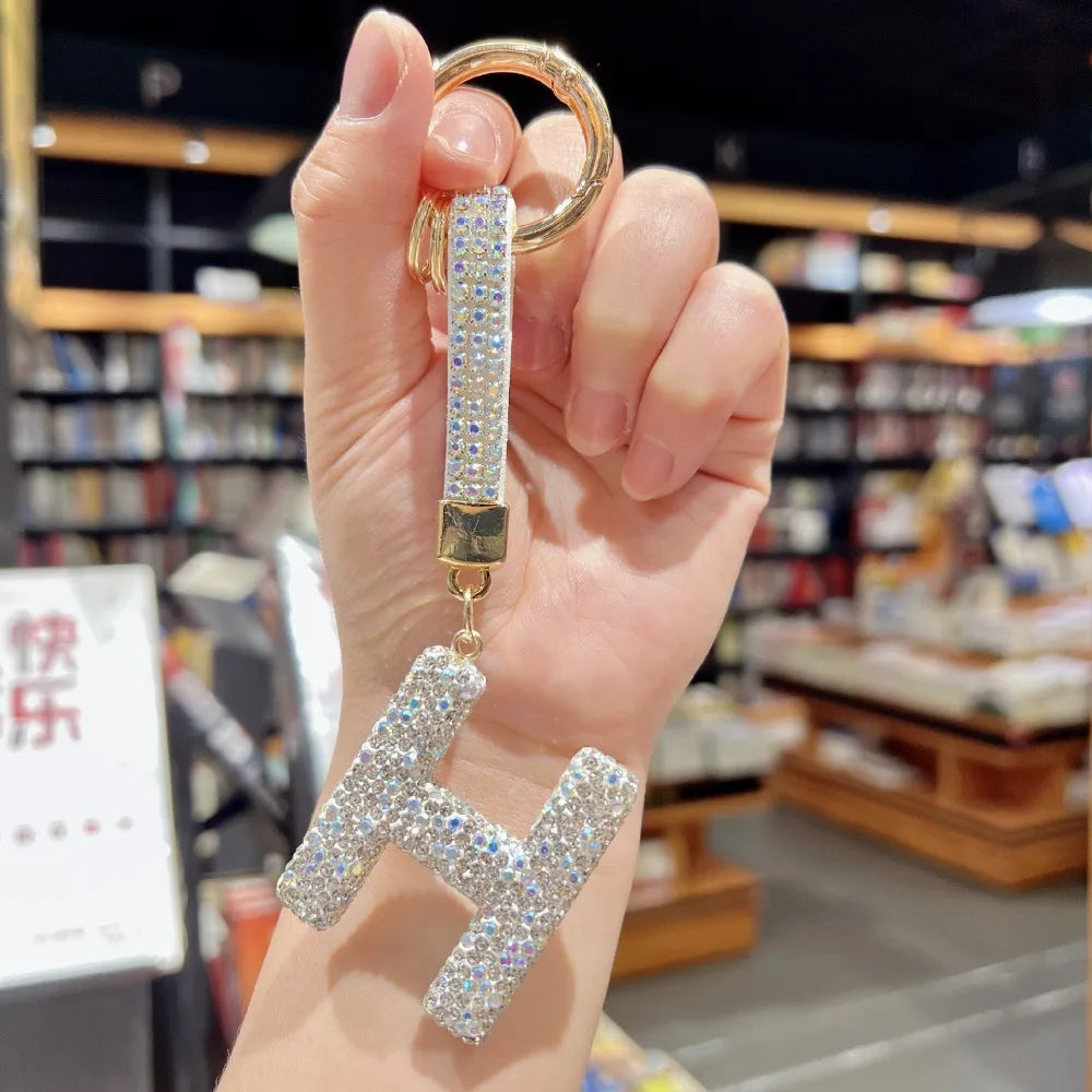 White Rhinestone Letter Keychain (Gold Edges)