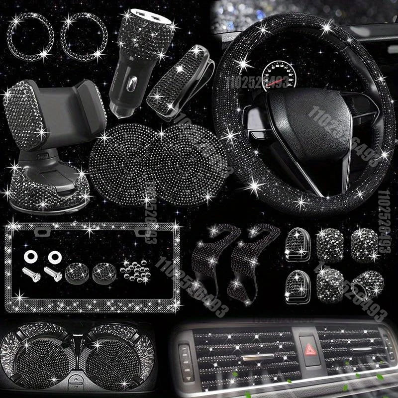 27-Piece Bling Car Accessories Set – Steering Cover, License Frame & More