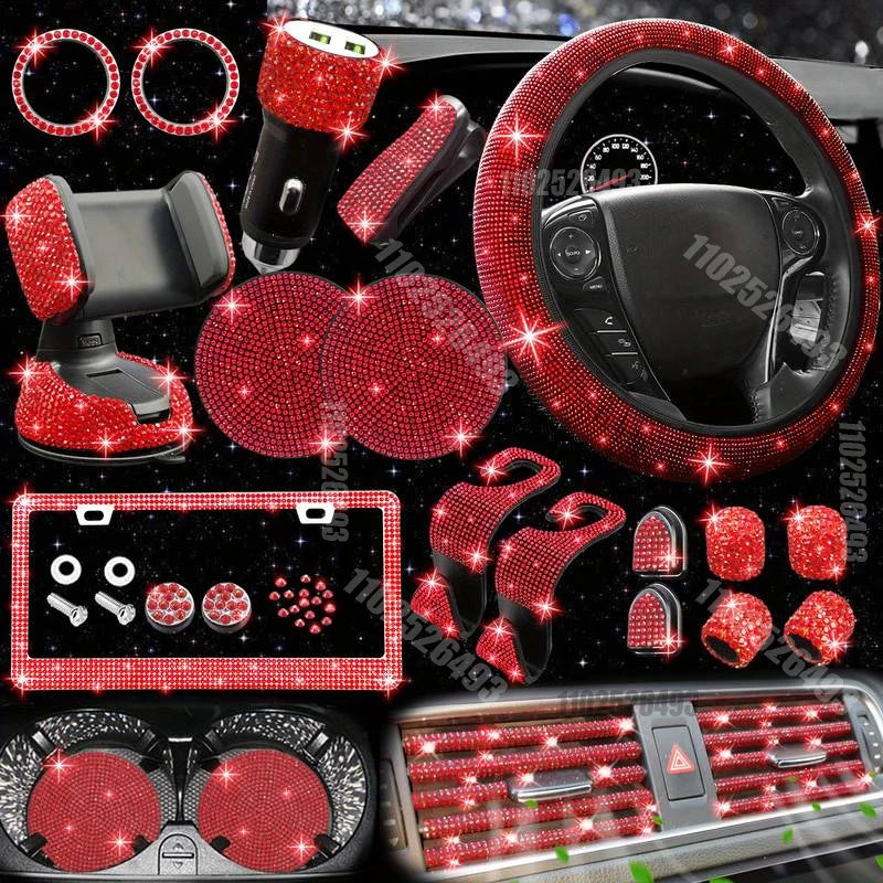27-Piece Bling Car Accessories Set – Steering Cover, License Frame & More