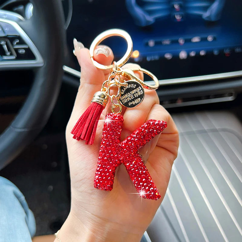 Red Rhinestone Letter Keychain (Gold Edges)