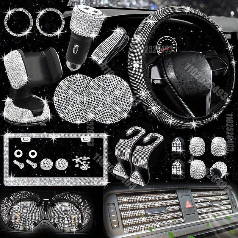 27-Piece Bling Car Accessories Set – Steering Cover, License Frame & More