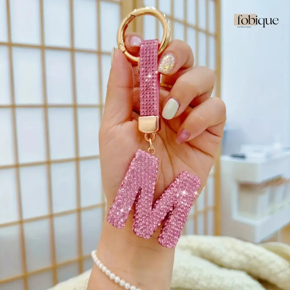 Pink Rhinestone Letter Keychain (Gold Edges) Fobique