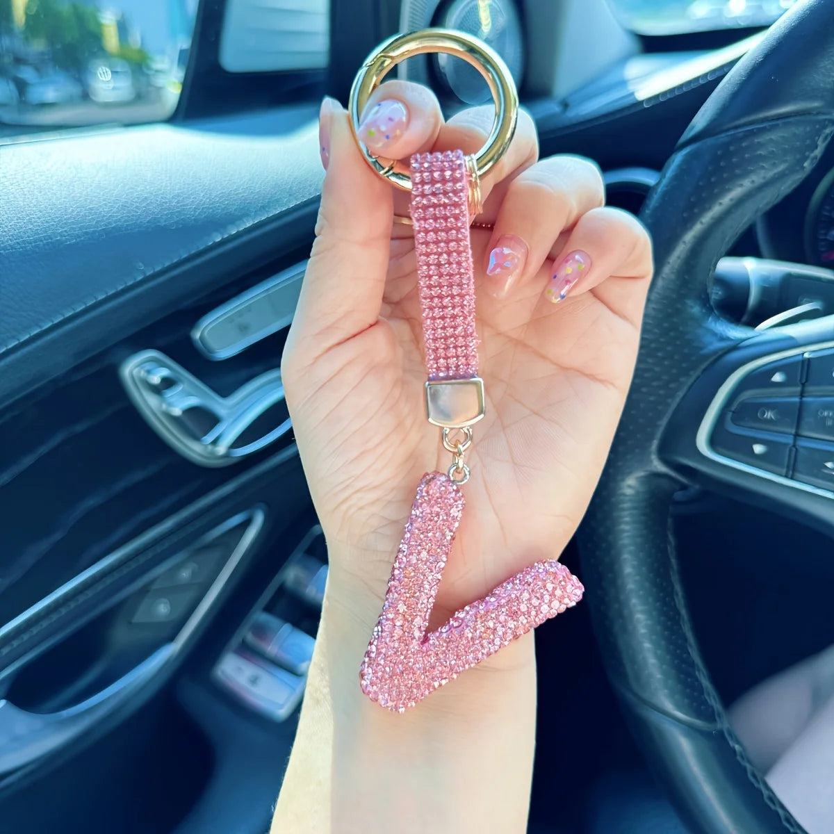 Pink Rhinestone Letter Keychain (Gold Edges)