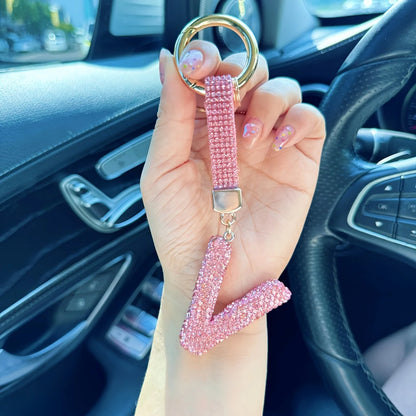 Pink Rhinestone Letter Keychain (Gold Edges)