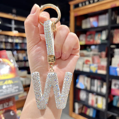 White Rhinestone Letter Keychain (Gold Edges)