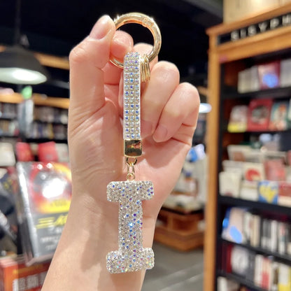 White Rhinestone Letter Keychain (Gold Edges)