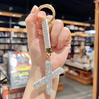 White Rhinestone Letter Keychain (Gold Edges)