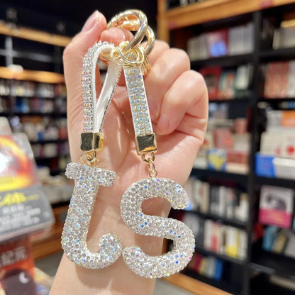 White Rhinestone Letter Keychain (Gold Edges)