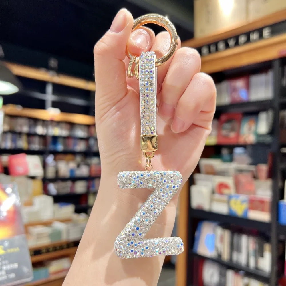 White Rhinestone Letter Keychain (Gold Edges)