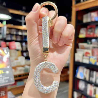 White Rhinestone Letter Keychain (Gold Edges)