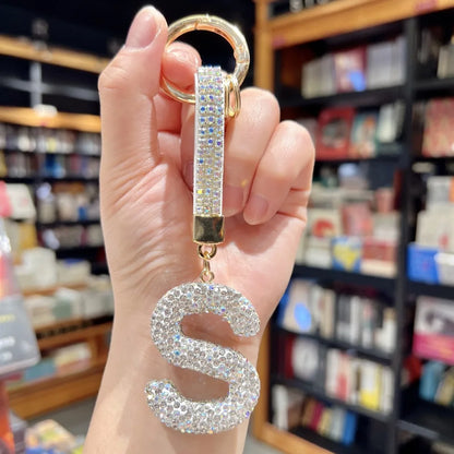 White Rhinestone Letter Keychain (Gold Edges)
