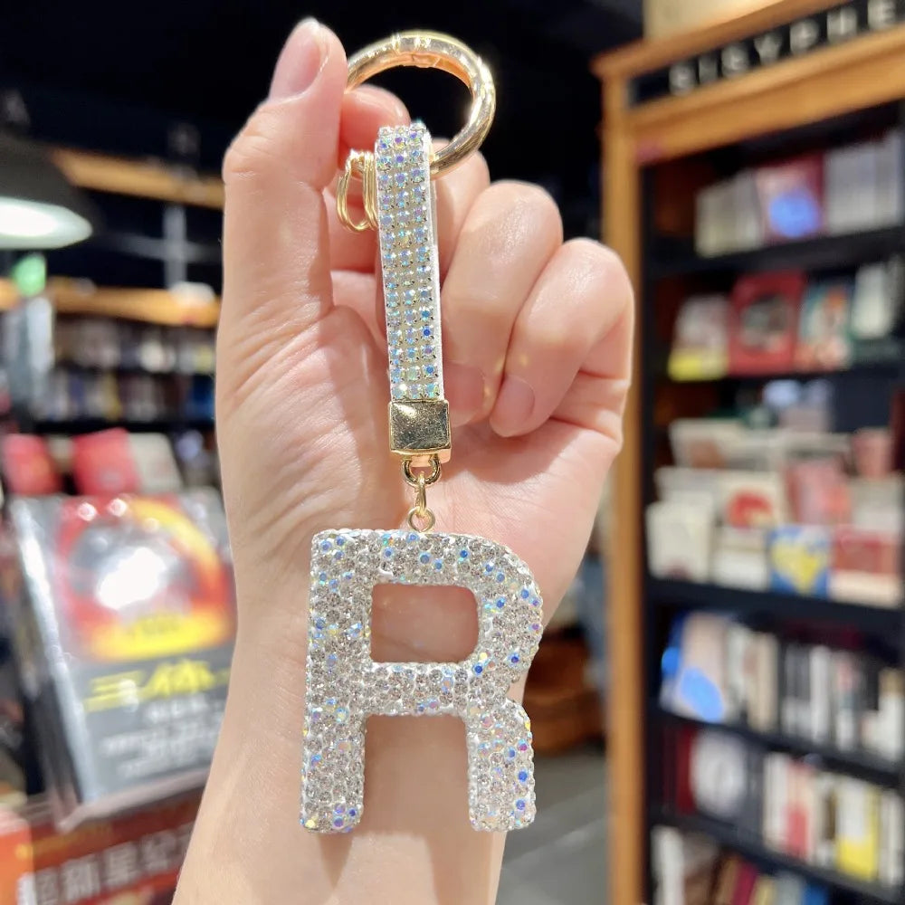 White Rhinestone Letter Keychain (Gold Edges)