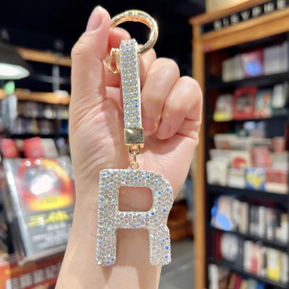 White Rhinestone Letter Keychain (Gold Edges)