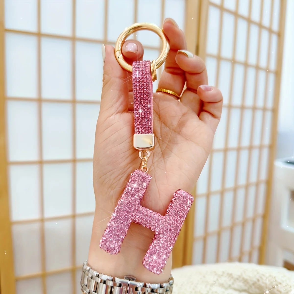Pink Rhinestone Letter Keychain (Gold Edges)