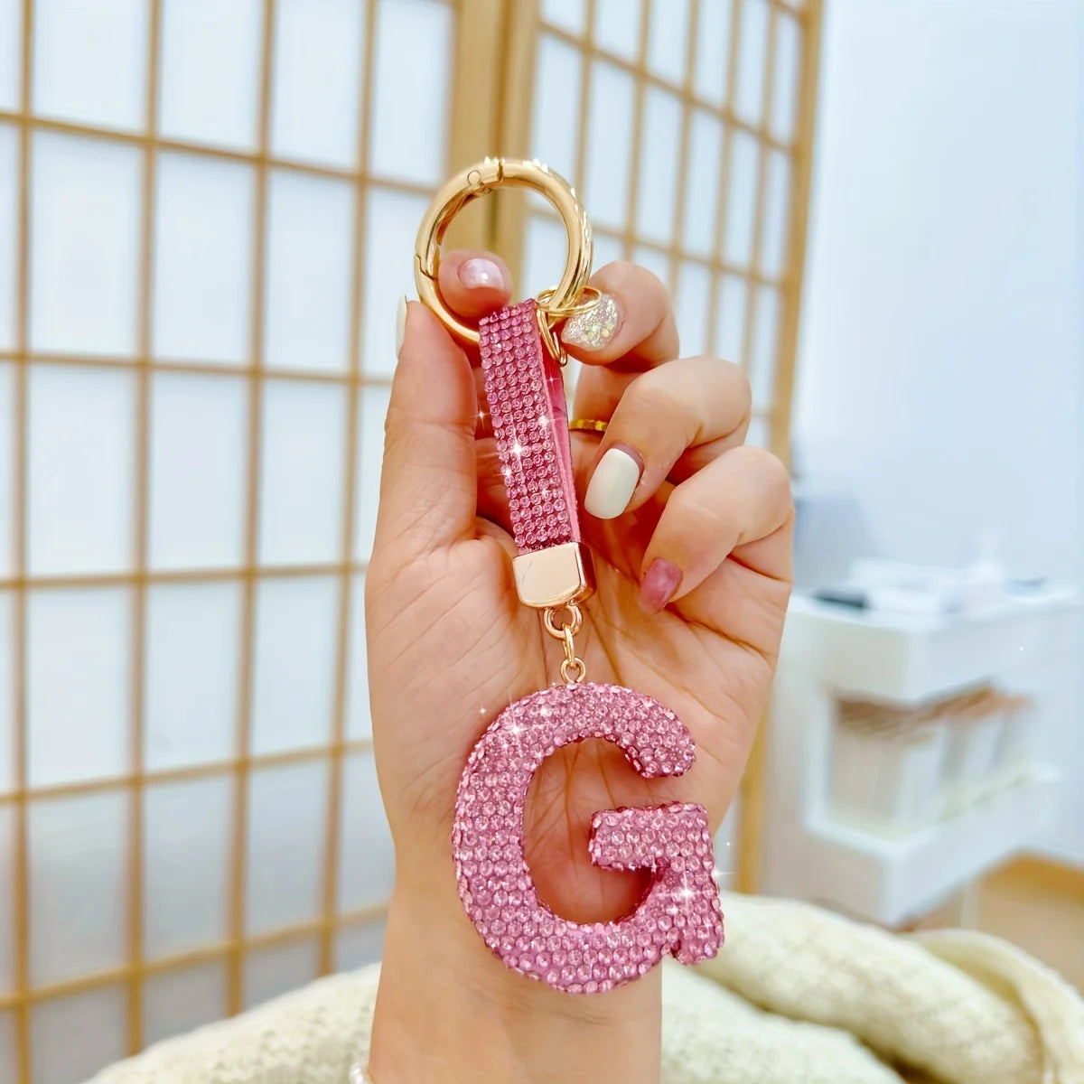Pink Rhinestone Letter Keychain (Gold Edges)
