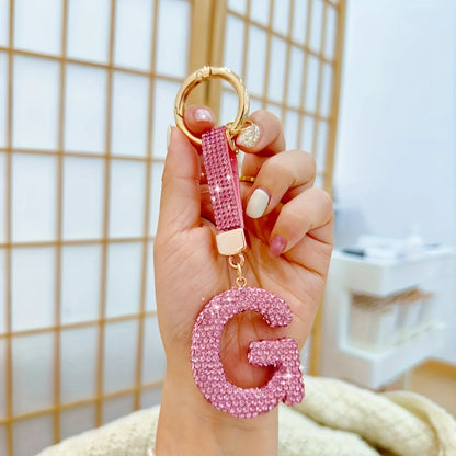 Pink Rhinestone Letter Keychain (Gold Edges)
