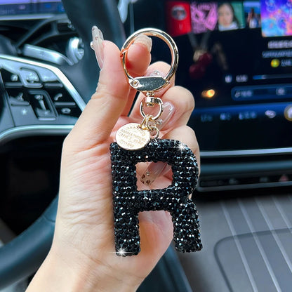 Black Rhinestone Letter Keychain (Gold Edges)