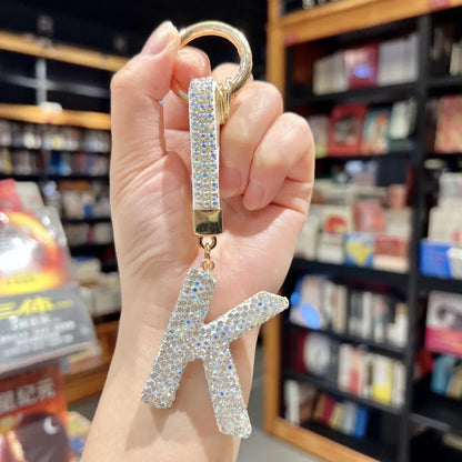 White Rhinestone Letter Keychain (Gold Edges)