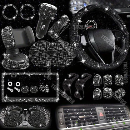 27-Piece Bling Car Accessories Set – Steering Cover, License Frame & More