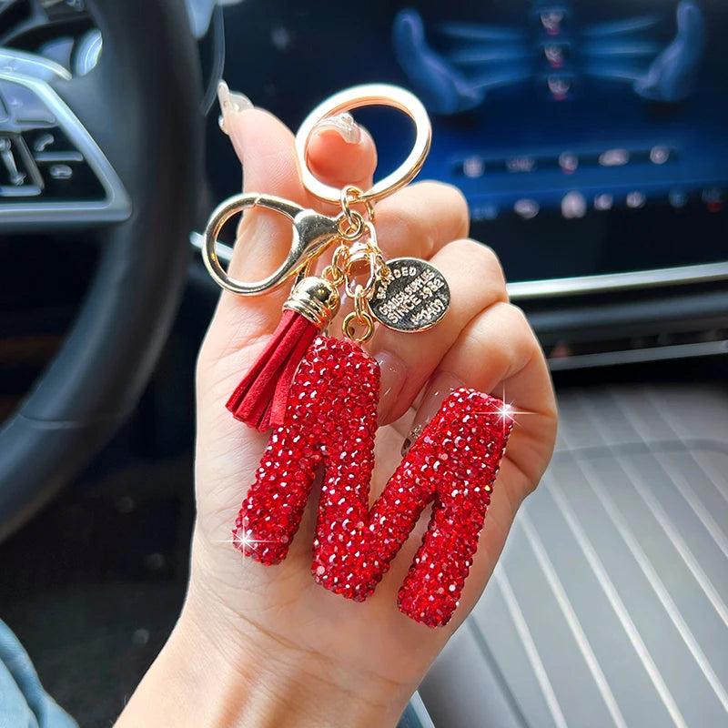 Red Rhinestone Letter Keychain (Gold Edges)