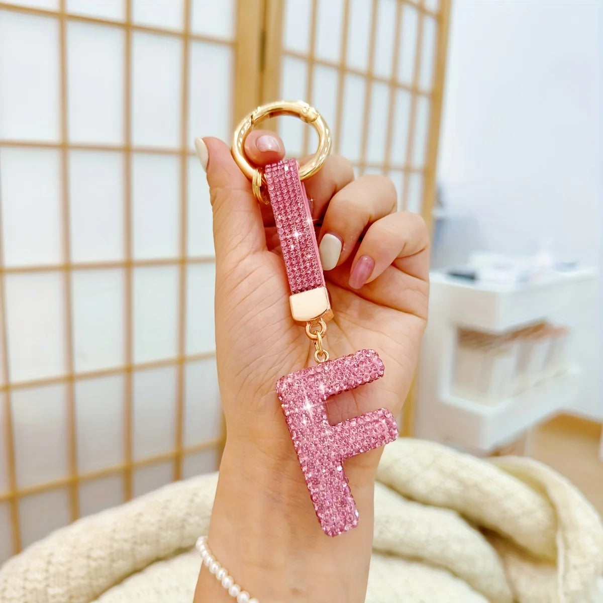 Pink Rhinestone Letter Keychain (Gold Edges)