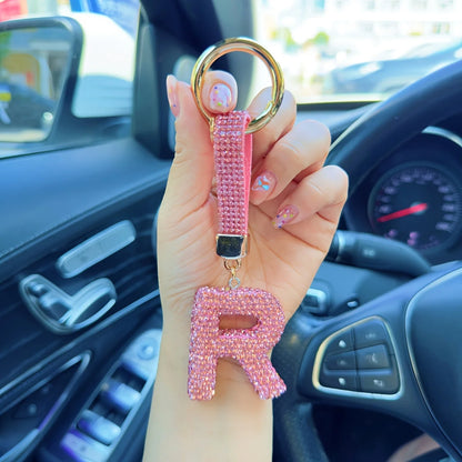 Pink Rhinestone Letter Keychain (Gold Edges)