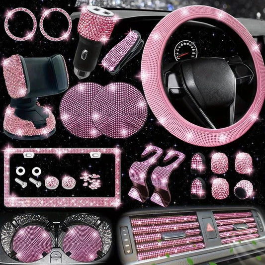 27-Piece Bling Car Accessories Set – Steering Cover, License Frame & More
