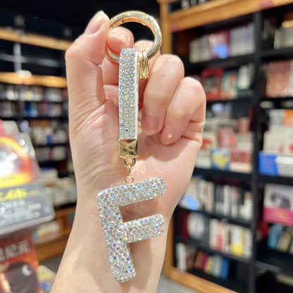 White Rhinestone Letter Keychain (Gold Edges)