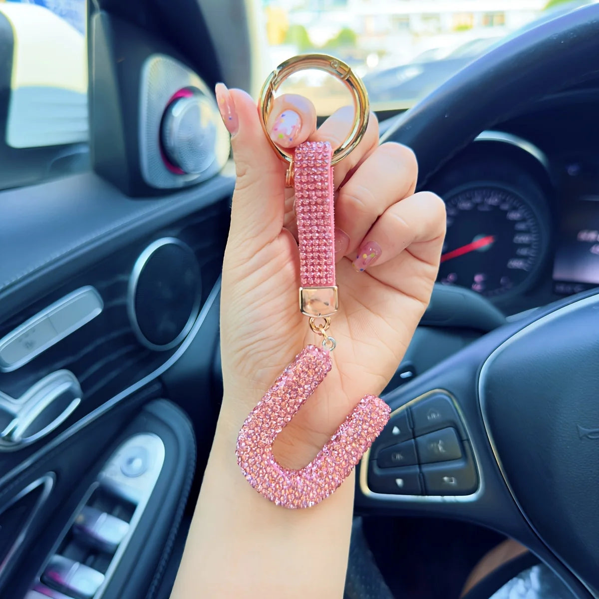 Pink Rhinestone Letter Keychain (Gold Edges)
