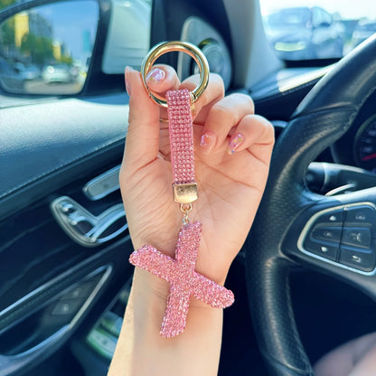 Pink Rhinestone Letter Keychain (Gold Edges)