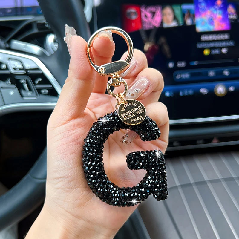 Black Rhinestone Letter Keychain (Gold Edges)