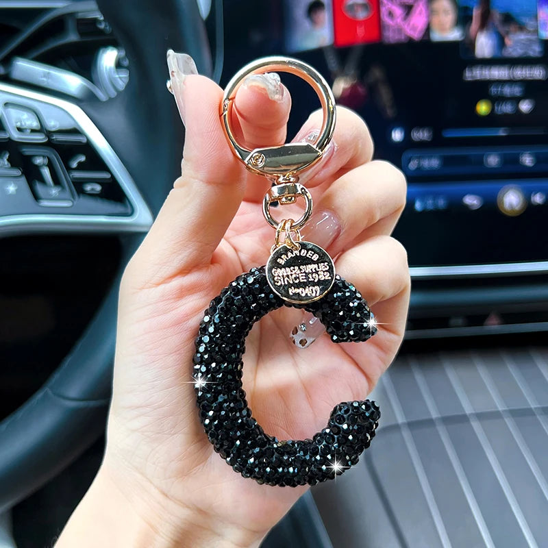Black Rhinestone Letter Keychain (Gold Edges)
