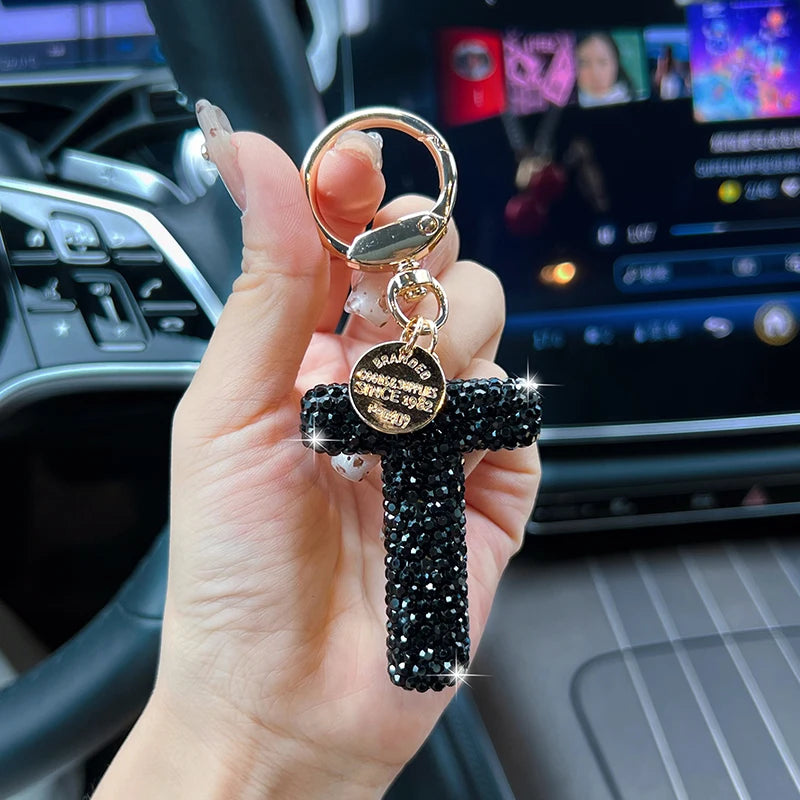 Black Rhinestone Letter Keychain (Gold Edges)