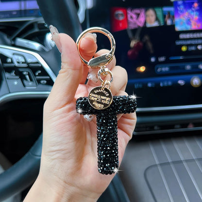 Black Rhinestone Letter Keychain (Gold Edges)