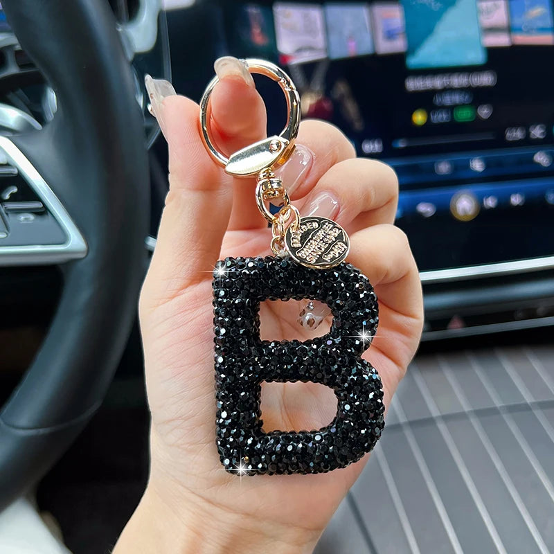 Black Rhinestone Letter Keychain (Gold Edges)