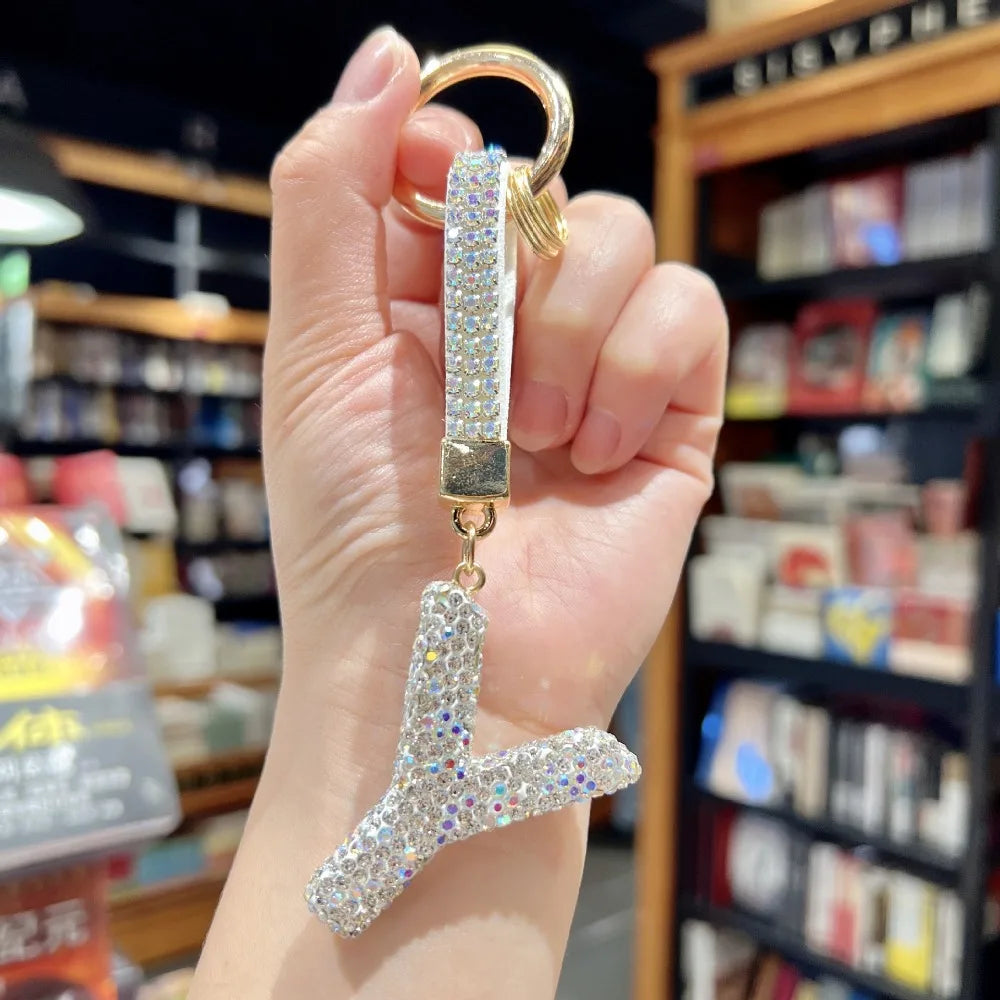 White Rhinestone Letter Keychain (Gold Edges)