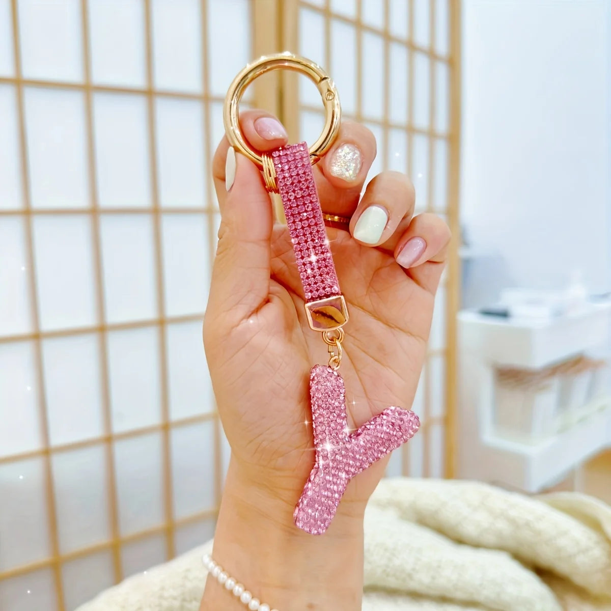 Pink Rhinestone Letter Keychain (Gold Edges)