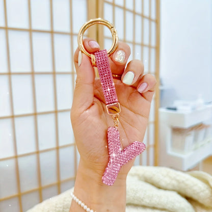 Pink Rhinestone Letter Keychain (Gold Edges)