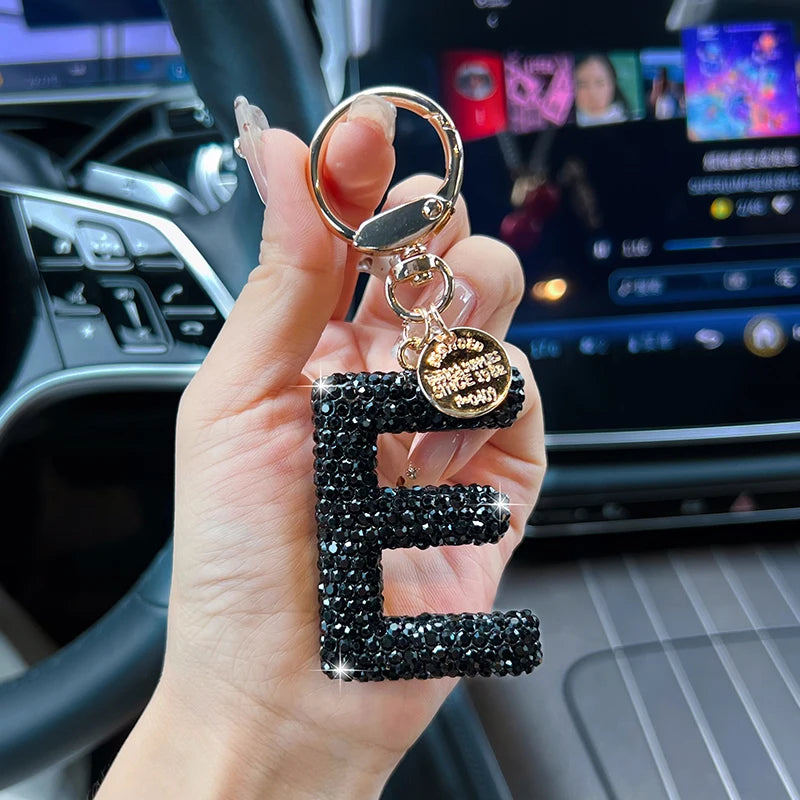 Black Rhinestone Letter Keychain (Gold Edges)