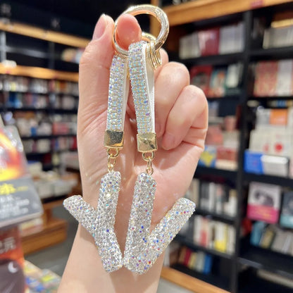 White Rhinestone Letter Keychain (Gold Edges)