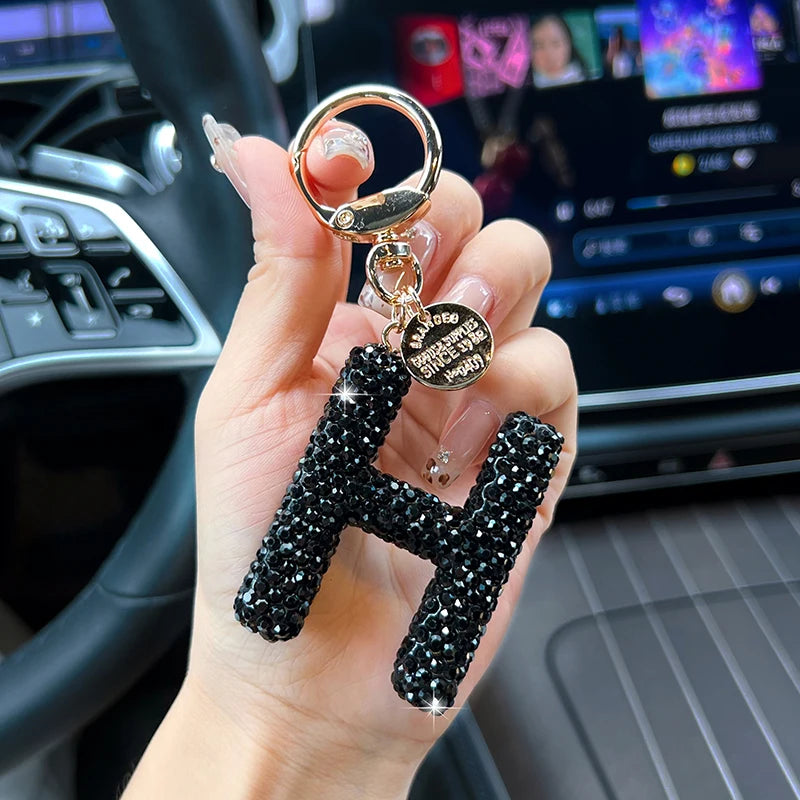 Black Rhinestone Letter Keychain (Gold Edges)