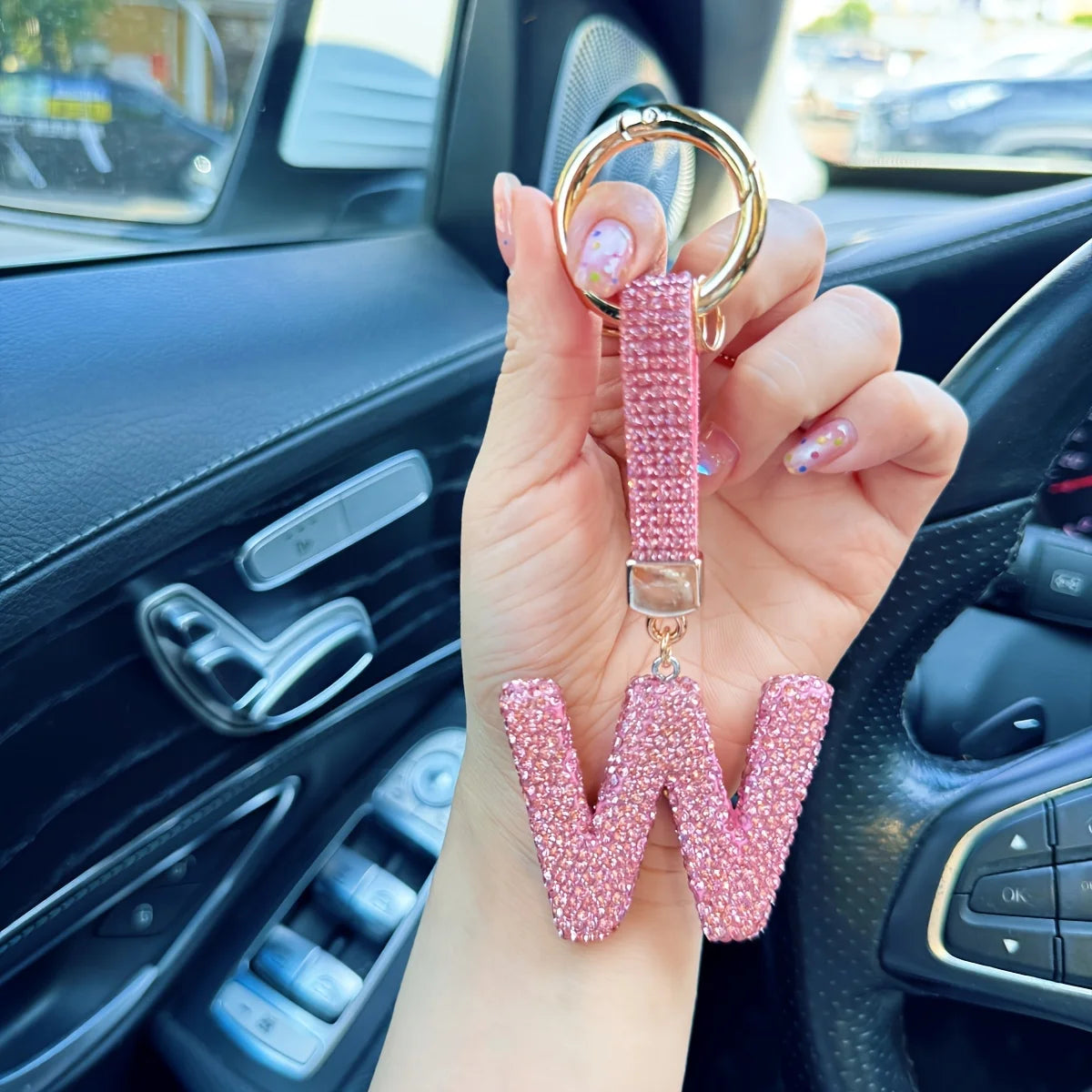 Pink Rhinestone Letter Keychain (Gold Edges)