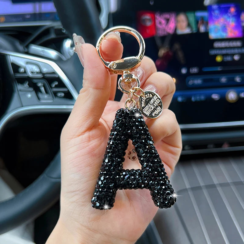 Black Rhinestone Letter Keychain (Gold Edges)
