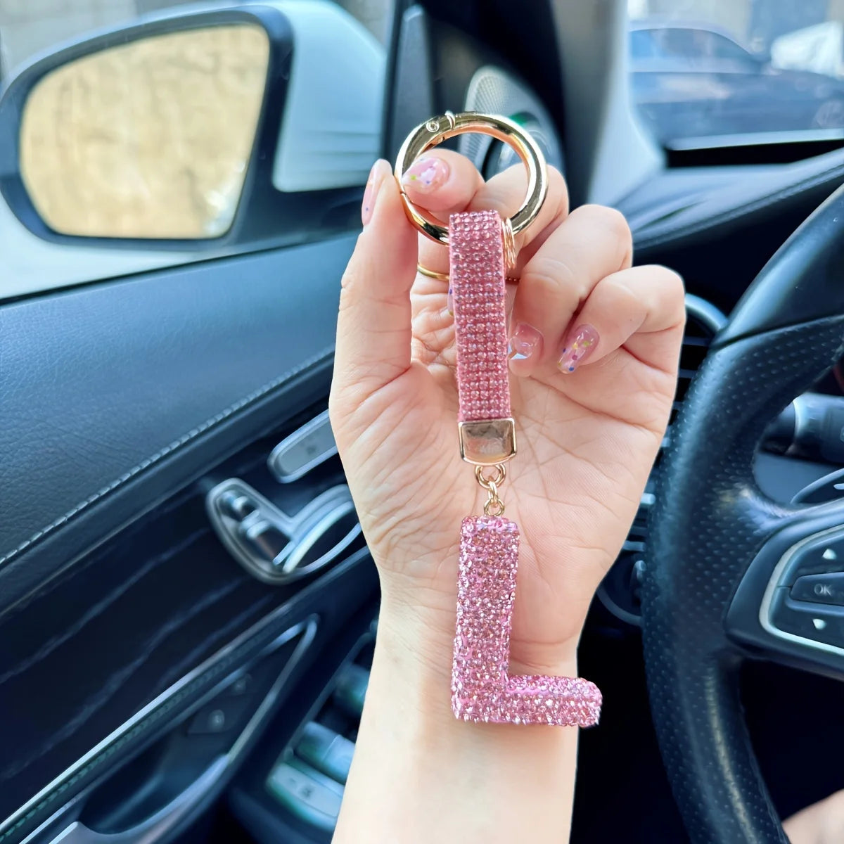 Pink Rhinestone Letter Keychain (Gold Edges)