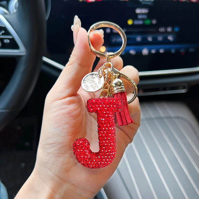 Red Rhinestone Letter Keychain (Gold Edges)
