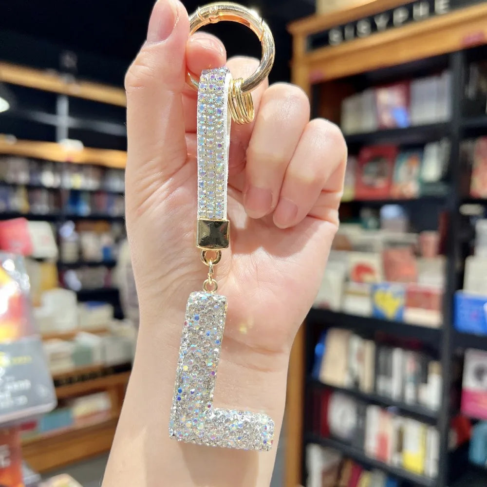 White Rhinestone Letter Keychain (Gold Edges)