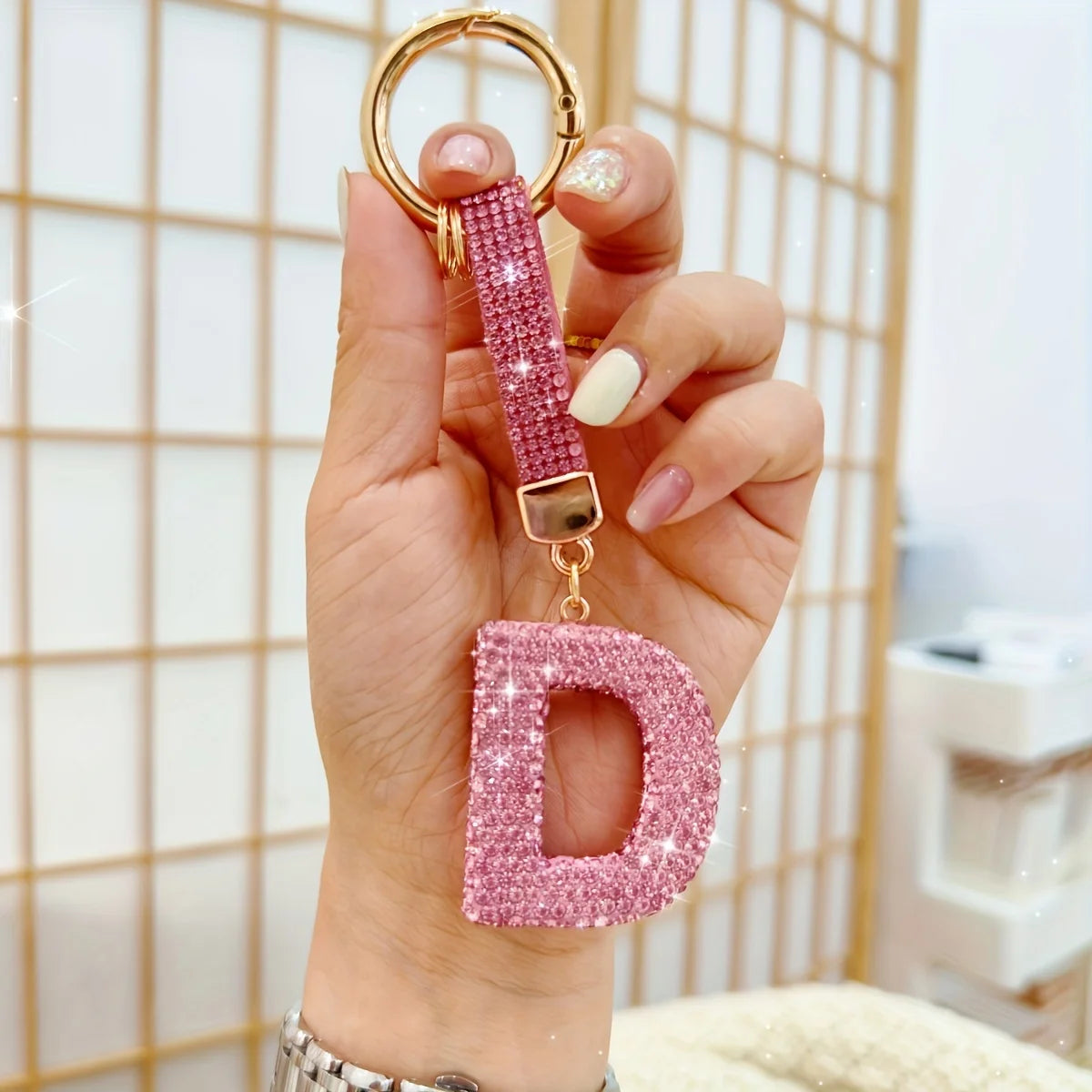 Pink Rhinestone Letter Keychain (Gold Edges)