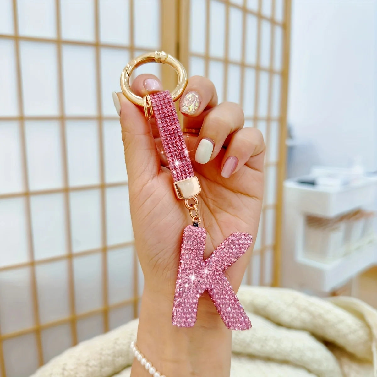 Pink Rhinestone Letter Keychain (Gold Edges)