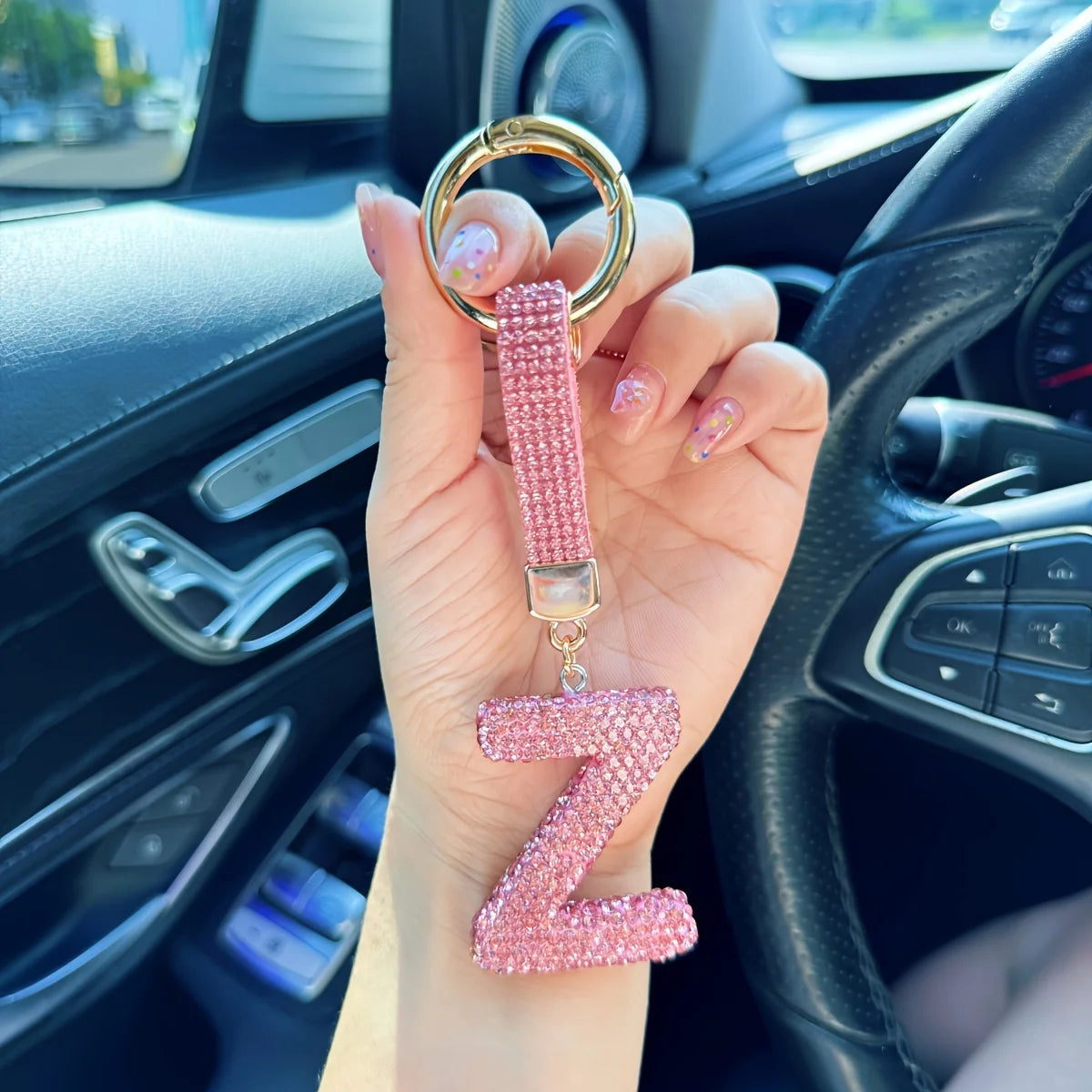 Pink Rhinestone Letter Keychain (Gold Edges)